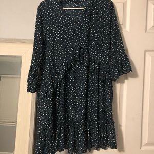 Teal and white polka dot 3/4 sleeve dress
